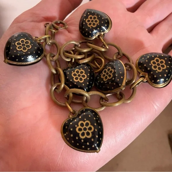Antique Victorian revival art deco Brass Black enamel Heart Charm bracelet - Picture 10 of 17